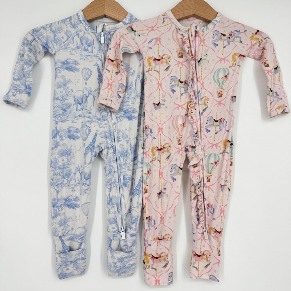 Lot 2 Bums & Roses Bamboo Ruffle Convertible Romper Sleeper Newborn Pajamas